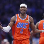 Oklahoma City, Oklahoma, USA; Oklahoma City Thunder guard Shai Gilgeous-Alexander (2) reacts after a play against the Phoenix Suns during the second quarter at Paycom Center. Mandatory Credit: Alonzo Adams-Imagn Images