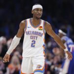 Oklahoma City, Oklahoma, USA; Oklahoma City Thunder guard Shai Gilgeous-Alexander during the second half against the Philadelphia 76ers at Paycom Center. Mandatory Credit: Alonzo Adams-Imagn Images
