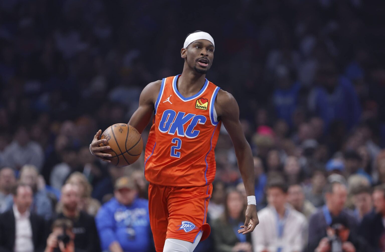 Oklahoma City, Oklahoma, USA; Oklahoma City Thunder guard Shai Gilgeous-Alexander (2) dribbles down the court against the Minnesota Timberwolves during the first quarter at Paycom Center. Mandatory Credit: Alonzo Adams-Imagn Images