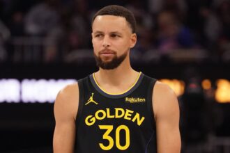San Francisco, California, USA; Golden State Warriors guard Stephen Curry (30) waits for play to resume against the Houston Rockets in the second quarter at Chase Center. Mandatory Credit: David Gonzales-Imagn Images