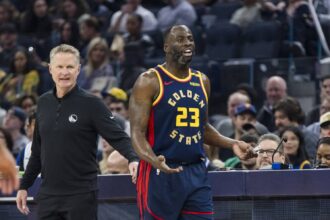 San Francisco, California, USA; Golden State Warriors forward Draymond Green (23) and head coach Steve Kerr react during the first quarter against the Miami Heat at Chase Center. Mandatory Credit: John Hefti-Imagn Images