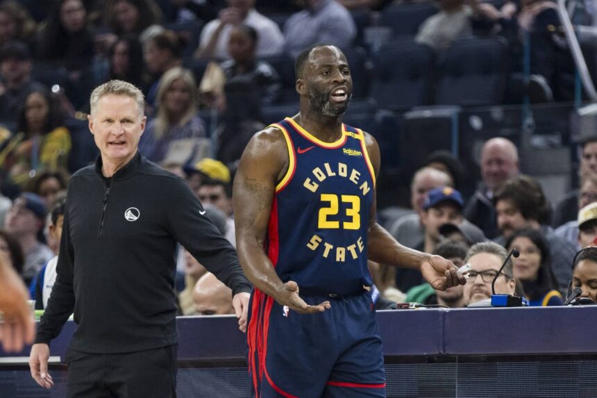 San Francisco, California, USA; Golden State Warriors forward Draymond Green (23) and head coach Steve Kerr react during the first quarter against the Miami Heat at Chase Center. Mandatory Credit: John Hefti-Imagn Images