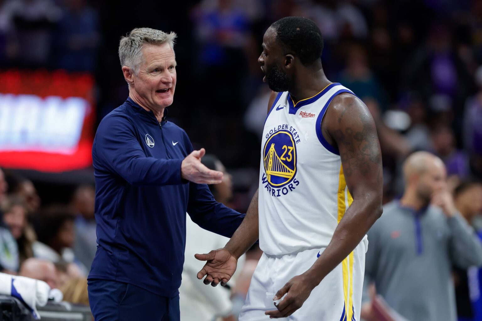 Sacramento, California, USA; Golden State Warriors forward Draymond Green (23) talks with head coach Steve Kerr during the fourth quarter against the Sacramento Kings at Golden 1 Center. Mandatory Credit: Sergio Estrada-Imagn Images
