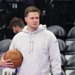 Salt Lake City, Utah, USA; Utah Jazz head coach Will Hardy watches the teams warm up before the game against the Oklahoma City Thunder at Delta Center. Mandatory Credit: Rob Gray-Imagn Images
