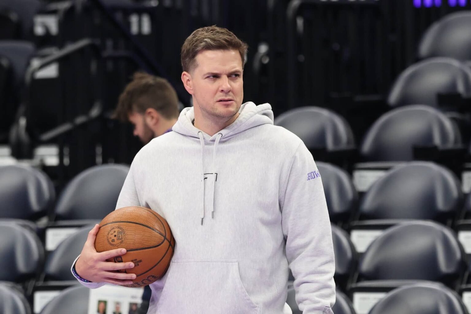 Salt Lake City, Utah, USA; Utah Jazz head coach Will Hardy watches the teams warm up before the game against the Oklahoma City Thunder at Delta Center. Mandatory Credit: Rob Gray-Imagn Images