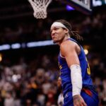 Nov 7, 2025; Denver, Colorado, USA; Denver Nuggets forward Aaron Gordon (32) reacts after a play in the third quarter against the Golden State Warriors at Ball Arena. Mandatory Credit: Isaiah J. Downing-Imagn Images