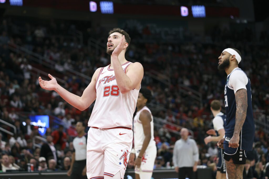 Jan 31, 2026; Houston, Texas, USA; Houston Rockets center Alperen Sengun (28) reacts after a play during the fourth quarter against the Dallas Mavericks at Toyota Center. Mandatory Credit: Troy Taormina-Imagn Images