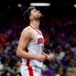 Dec 21, 2025; Sacramento, California, USA; Houston Rockets center Alperen Sengun (28) reacts after a foul during the fourth quarter against the Sacramento Kings at Golden 1 Center. Mandatory Credit: Sergio Estrada-Imagn Images