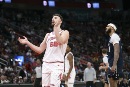 Jan 31, 2026; Houston, Texas, USA; Houston Rockets center Alperen Sengun (28) reacts after a play during the fourth quarter against the Dallas Mavericks at Toyota Center. Mandatory Credit: Troy Taormina-Imagn Images