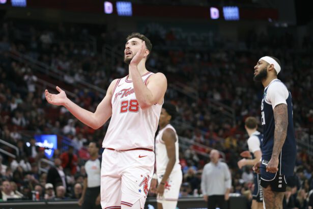Jan 31, 2026; Houston, Texas, USA; Houston Rockets center Alperen Sengun (28) reacts after a play during the fourth quarter against the Dallas Mavericks at Toyota Center. Mandatory Credit: Troy Taormina-Imagn Images