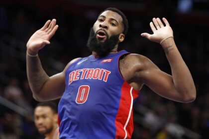 Detroit Pistons center Andre Drummond (0) reacts after scoring during the third quarter against the Washington Wizards at Little Caesars Arena.