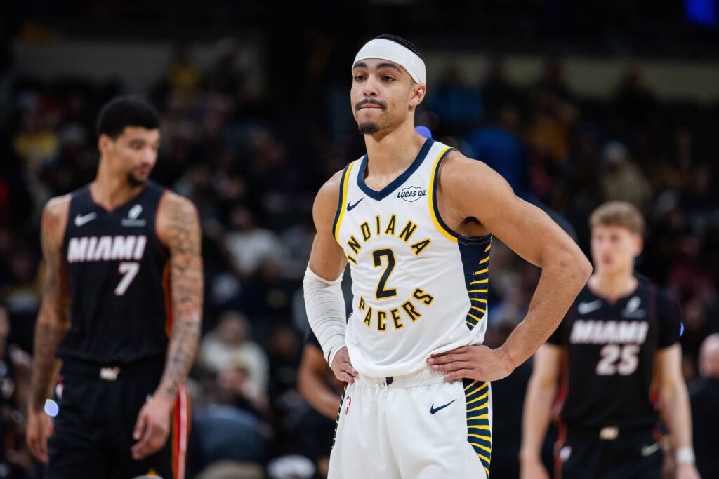 Jan 10, 2026; Indianapolis, Indiana, USA; Indiana Pacers guard/forward Andrew Nembhard (2) in the second half against the Miami Heat at Gainbridge Fieldhouse. Mandatory Credit: Trevor Ruszkowski-Imagn Images