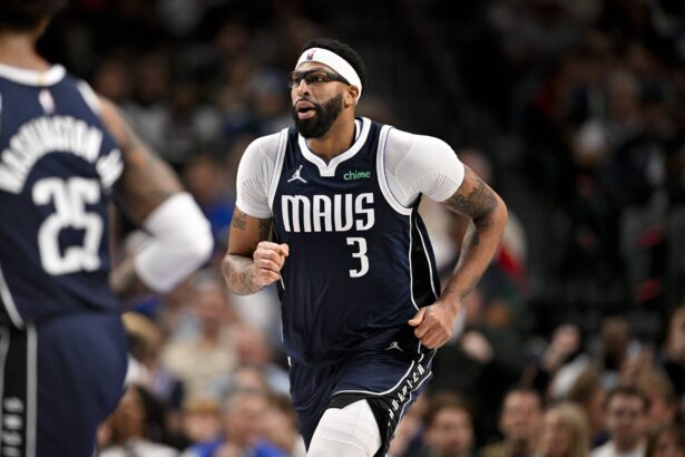 Dec 12, 2025; Dallas, Texas, USA; Dallas Mavericks forward Anthony Davis (3) runs back up the court during the game between the Mavericks and the Nets at the American Airlines Center. Mandatory Credit: Jerome Miron-Imagn Images