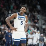 Jan 17, 2026; San Antonio, Texas, USA; Minnesota Timberwolves guard Anthony Edwards (5) looks up in the second half against the San Antonio Spurs at Frost Bank Center. Mandatory Credit: Daniel Dunn-Imagn Images