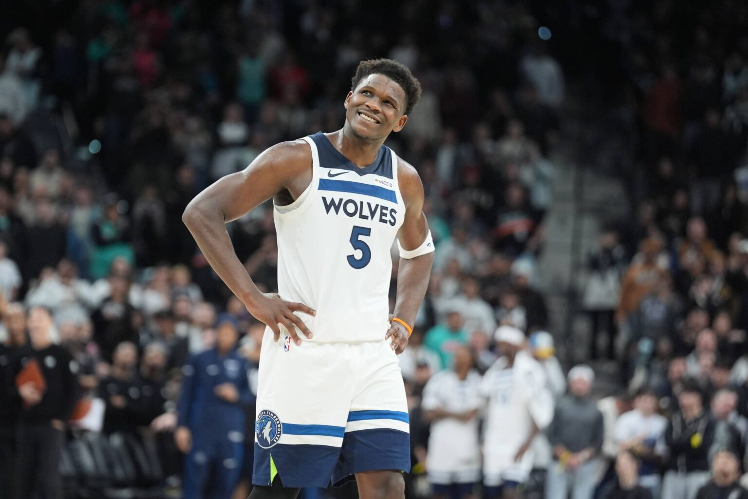 Jan 17, 2026; San Antonio, Texas, USA; Minnesota Timberwolves guard Anthony Edwards (5) looks up in the second half against the San Antonio Spurs at Frost Bank Center. Mandatory Credit: Daniel Dunn-Imagn Images