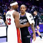 Jan 20, 2026; Sacramento, California, USA; Miami Heat center Bam Adebayo (13) and Sacramento Kings guard DeMar DeRozan (10) hug after the game at Golden 1 Center. Mandatory Credit: Sergio Estrada-Imagn Images