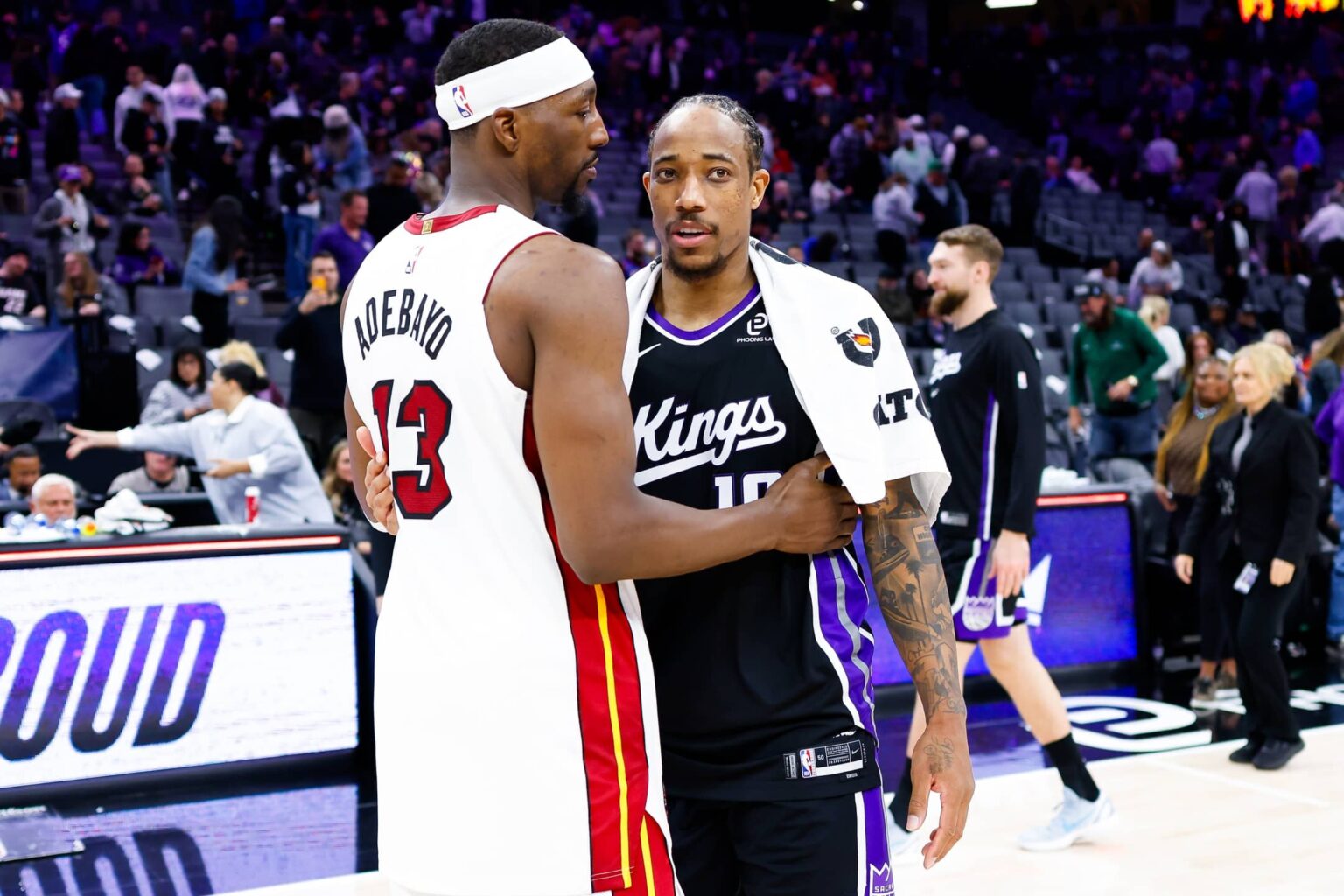Jan 20, 2026; Sacramento, California, USA; Miami Heat center Bam Adebayo (13) and Sacramento Kings guard DeMar DeRozan (10) hug after the game at Golden 1 Center. Mandatory Credit: Sergio Estrada-Imagn Images