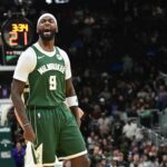 Dec 11, 2025; Milwaukee, Wisconsin, USA; Milwaukee Bucks forward Bobby Portis (9) reacts in the third quarter after scoring a basket against the Boston Celtics at Fiserv Forum. Mandatory Credit: Benny Sieu-Imagn Images