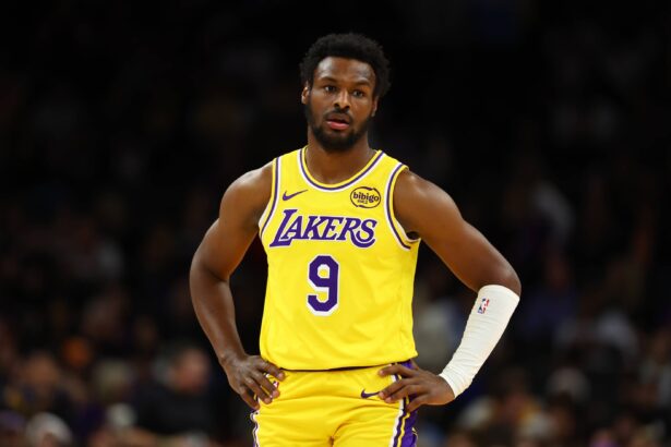 Los Angeles Lakers guard Bronny James (9) against the Phoenix Suns in the second half at Mortgage Matchup Center.