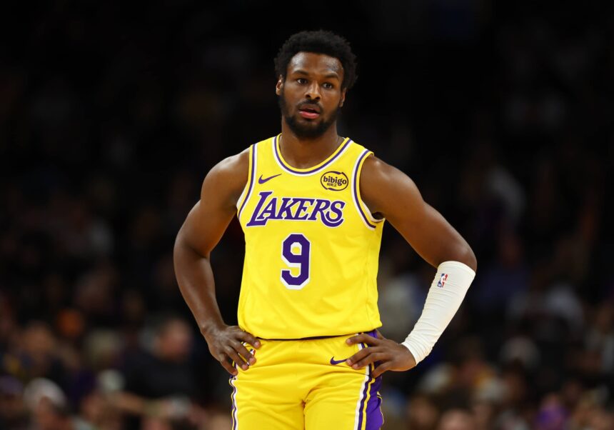 Los Angeles Lakers guard Bronny James (9) against the Phoenix Suns in the second half at Mortgage Matchup Center.