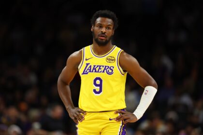 Los Angeles Lakers guard Bronny James (9) against the Phoenix Suns in the second half at Mortgage Matchup Center.