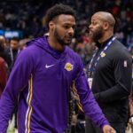 Jan 6, 2026; New Orleans, Louisiana, USA; Los Angeles Lakers guard Bronny James (9) heads to the locker room after the game against the New Orleans Pelicans at Smoothie King Center. Mandatory Credit: Stephen Lew-Imagn Images