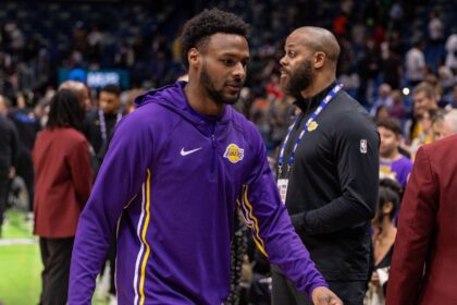 Jan 6, 2026; New Orleans, Louisiana, USA; Los Angeles Lakers guard Bronny James (9) heads to the locker room after the game against the New Orleans Pelicans at Smoothie King Center. Mandatory Credit: Stephen Lew-Imagn Images
