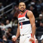 Jan 6, 2026; Washington, District of Columbia, USA; Washington Wizards guard CJ McCollum (3) celebrates during the second half against the Orlando Magic at Capital One Arena. Mandatory Credit: Daniel Kucin Jr.-Imagn Images