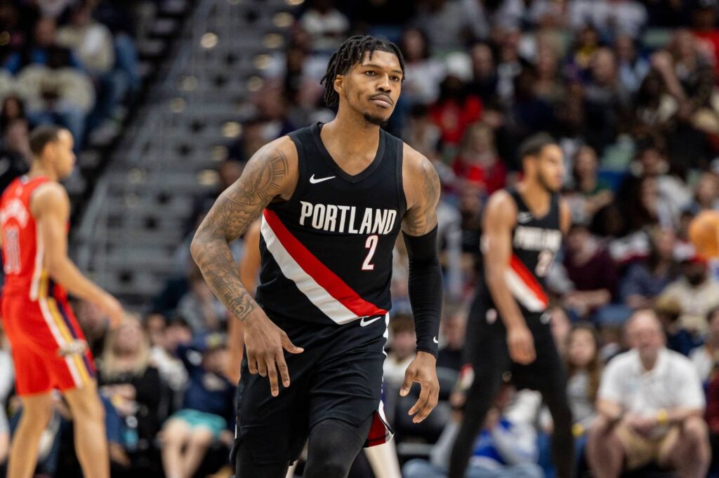 Jan 2, 2026; New Orleans, Louisiana, USA; Portland Trail Blazers guard Caleb Love (2) reacts to making a three point basket against the New Orleans Pelicans during the second half at Smoothie King Center. Mandatory Credit: Stephen Lew-Imagn Images