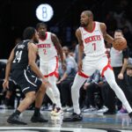 Jan 1, 2026; Brooklyn, New York, USA; Houston Rockets forward Kevin Durant (7) is guarded by Brooklyn Nets guard Cam Thomas (24) during the first half at Barclays Center. Mandatory Credit: Vincent Carchietta-Imagn Images