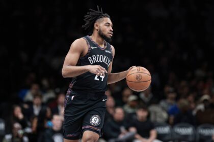 Jan 16, 2026; Brooklyn, New York, USA; Brooklyn Nets guard Cam Thomas (24) dribbles up court against the Chicago Bulls during the first quarter at Barclays Center. Mandatory Credit: Vincent Carchietta-Imagn Images