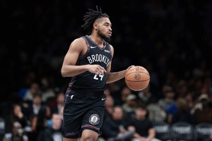 Jan 16, 2026; Brooklyn, New York, USA; Brooklyn Nets guard Cam Thomas (24) dribbles up court against the Chicago Bulls during the first quarter at Barclays Center. Mandatory Credit: Vincent Carchietta-Imagn Images
