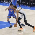Jan 13, 2026; Oklahoma City, Oklahoma, USA; San Antonio Spurs forward/center Victor Wembanyama (1) drives to the basket past Oklahoma City Thunder center/forward Chet Holmgren (7) during the first quarter at Paycom Center. Mandatory Credit: Alonzo Adams-Imagn Images