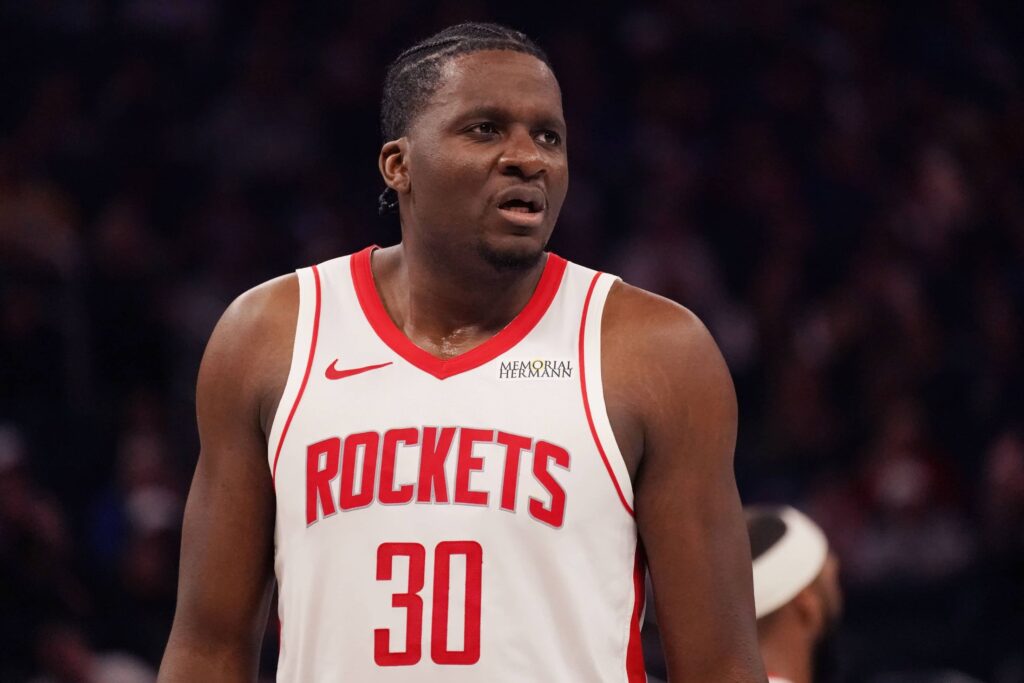 Nov 26, 2025; San Francisco, California, USA; Houston Rockets center Clint Capela (30) waits for play to resume against the Golden State Warriors in the second quarter at Chase Center. Mandatory Credit: David Gonzales-Imagn Images