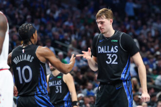 Jan 3, 2026; Dallas, Texas, USA; Dallas Mavericks guard Brandon Williams (10) celebrates with Dallas Mavericks forward Cooper Flagg (32) during the second half against the Houston Rockets at American Airlines Center. Mandatory Credit: Kevin Jairaj-Imagn Images