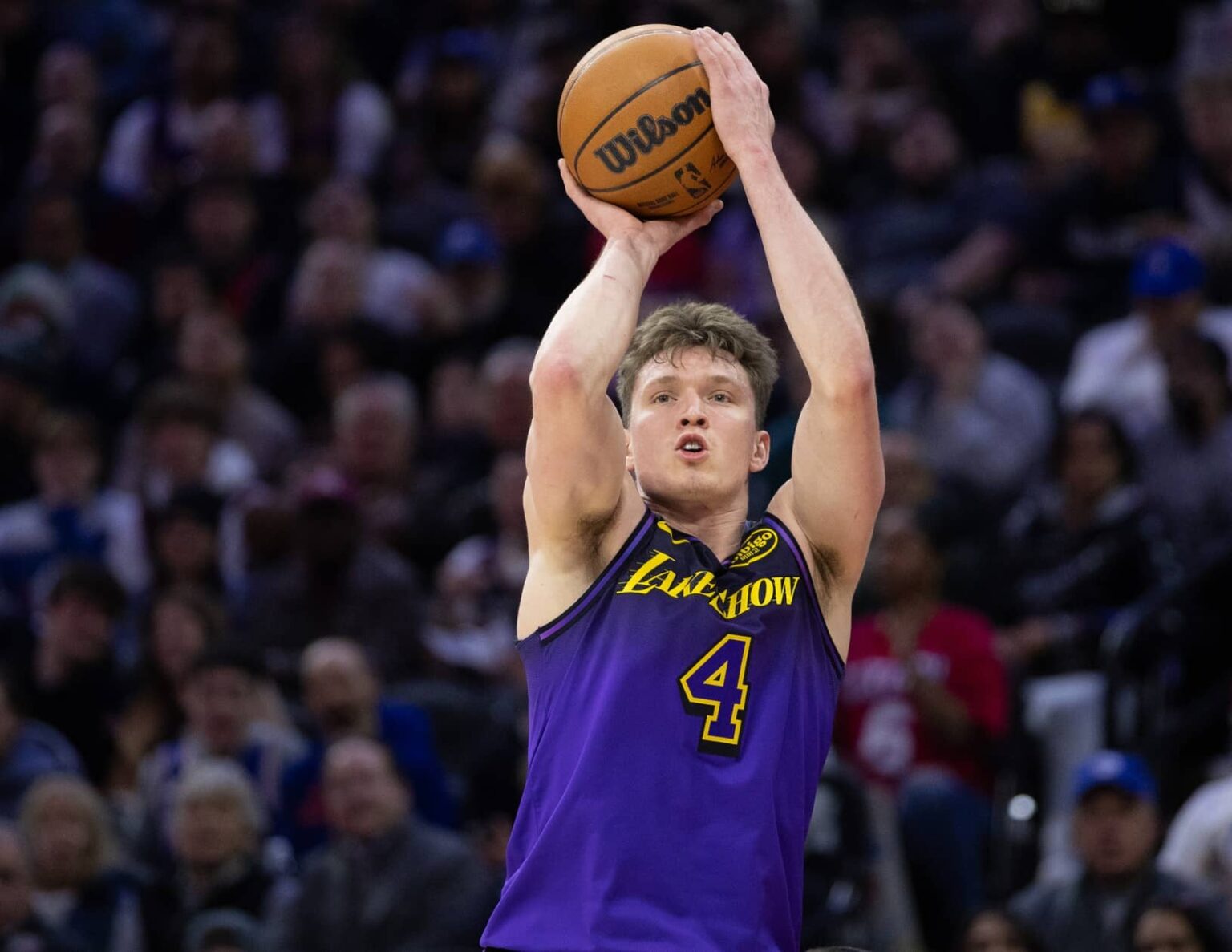 Jan 28, 2025; Philadelphia, Pennsylvania, USA; Los Angeles Lakers guard Dalton Knecht (4) shoots against the Philadelphia 76ers during the second quarter at Wells Fargo Center. Mandatory Credit: Bill Streicher-Imagn Images