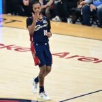 Jan 2, 2026; Cleveland, Ohio, USA; Cleveland Cavaliers guard Darius Garland (10) reacts after making a three point basket during the first half against the Denver Nuggets at Rocket Arena. Mandatory Credit: David Dermer-Imagn Images