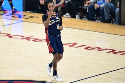 Jan 2, 2026; Cleveland, Ohio, USA; Cleveland Cavaliers guard Darius Garland (10) reacts after making a three point basket during the first half against the Denver Nuggets at Rocket Arena. Mandatory Credit: David Dermer-Imagn Images