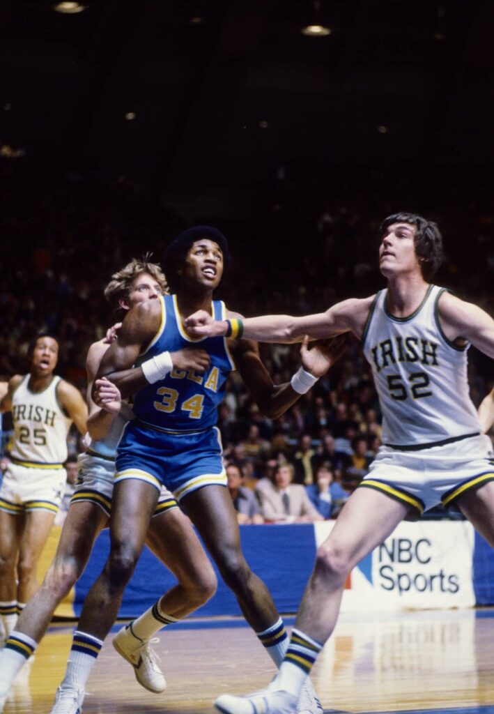Jan 22, 1978; South Bend, IN, USA; FILE PHOTO; UCLA Bruins forward David Greenwood (34) in action against Notre Dame Irish center Bill Laimbeer (52) at the Joyce Center during the 1977-78 season. Mandatory Credit: Malcolm Emmons-Imagn Images