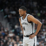 Jan 3, 2026; San Antonio, Texas, USA; San Antonio Spurs guard De'aaron Fox (4) during the second half against the Portland Trail Blazers at Frost Bank Center. Mandatory Credit: Daniel Dunn-Imagn Images