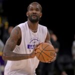 Dec 10, 2025; Los Angeles, California, USA; Los Angeles Lakers center Deandre Ayton (5) warms up prior to the game against the San Antonio Spurs at Crypto.com Arena. Mandatory Credit: Jayne Kamin-Oncea-Imagn Images