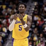 Jan 6, 2026; New Orleans, Louisiana, USA; Los Angeles Lakers center Deandre Ayton (5) reacts to a play against the New Orleans Pelicans during the second half at Smoothie King Center. Mandatory Credit: Stephen Lew-Imagn Images