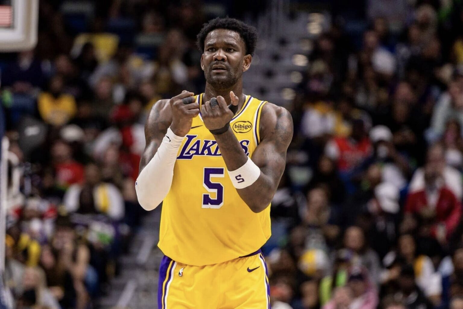 Jan 6, 2026; New Orleans, Louisiana, USA; Los Angeles Lakers center Deandre Ayton (5) reacts to a play against the New Orleans Pelicans during the second half at Smoothie King Center. Mandatory Credit: Stephen Lew-Imagn Images
