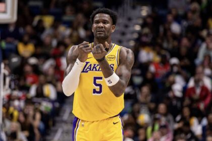 Jan 6, 2026; New Orleans, Louisiana, USA; Los Angeles Lakers center Deandre Ayton (5) reacts to a play against the New Orleans Pelicans during the second half at Smoothie King Center. Mandatory Credit: Stephen Lew-Imagn Images