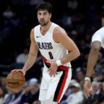 Dec 20, 2025; Sacramento, California, USA; Portland Trail Blazers forward Deni Avdija (8) dribbles the ball against the Sacramento Kings during the second quarter at Golden 1 Center. Mandatory Credit: Dennis Lee-Imagn Images