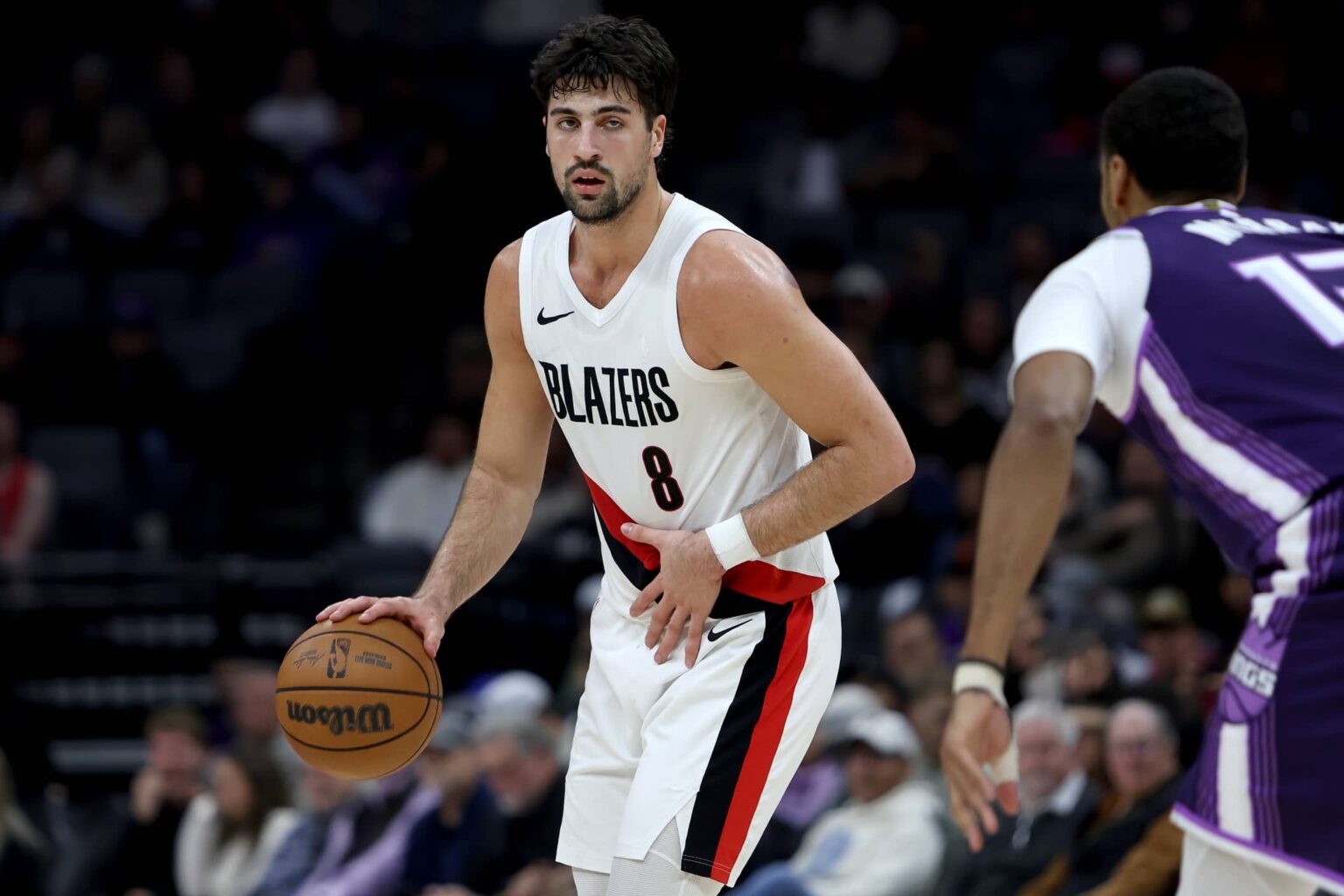 Dec 20, 2025; Sacramento, California, USA; Portland Trail Blazers forward Deni Avdija (8) dribbles the ball against the Sacramento Kings during the second quarter at Golden 1 Center. Mandatory Credit: Dennis Lee-Imagn Images