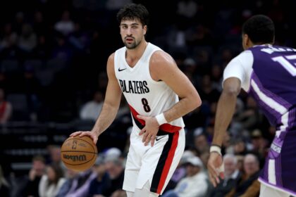 Dec 20, 2025; Sacramento, California, USA; Portland Trail Blazers forward Deni Avdija (8) dribbles the ball against the Sacramento Kings during the second quarter at Golden 1 Center. Mandatory Credit: Dennis Lee-Imagn Images