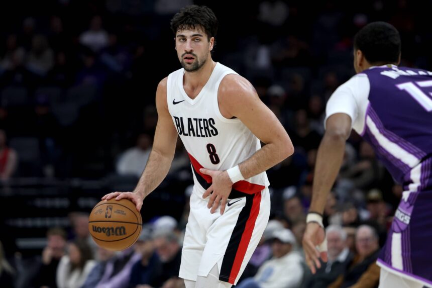Dec 20, 2025; Sacramento, California, USA; Portland Trail Blazers forward Deni Avdija (8) dribbles the ball against the Sacramento Kings during the second quarter at Golden 1 Center. Mandatory Credit: Dennis Lee-Imagn Images