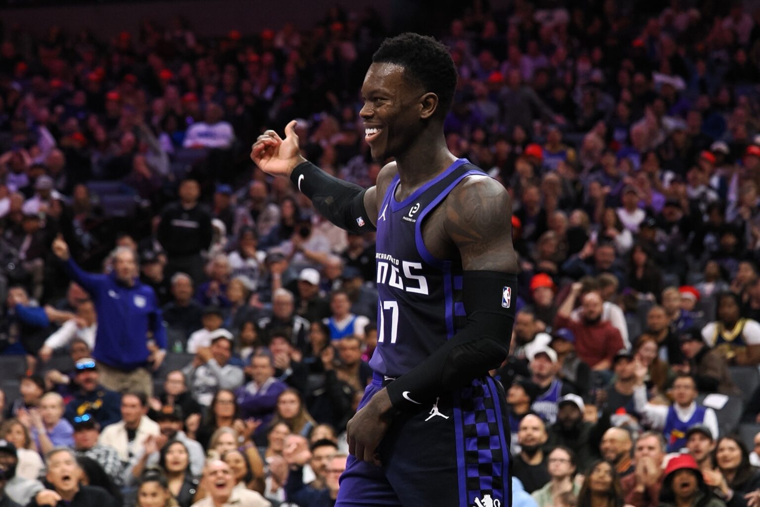 Dec 27, 2025; Sacramento, California, USA; Sacramento Kings guard Dennis Schroder (17) reacts after. Play against the Dallas Mavericks during the fourth quarter at Golden 1 Center. Mandatory Credit: Kelley L Cox-Imagn Images