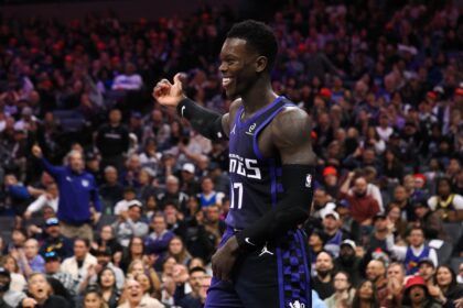 Dec 27, 2025; Sacramento, California, USA; Sacramento Kings guard Dennis Schroder (17) reacts after. Play against the Dallas Mavericks during the fourth quarter at Golden 1 Center. Mandatory Credit: Kelley L Cox-Imagn Images